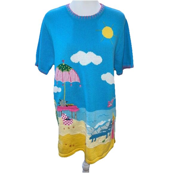 Vintage Beach Scene Knit Sweater Blue Summer Embroidered novelty Tunic Top Sz S - Picture 3 of 9